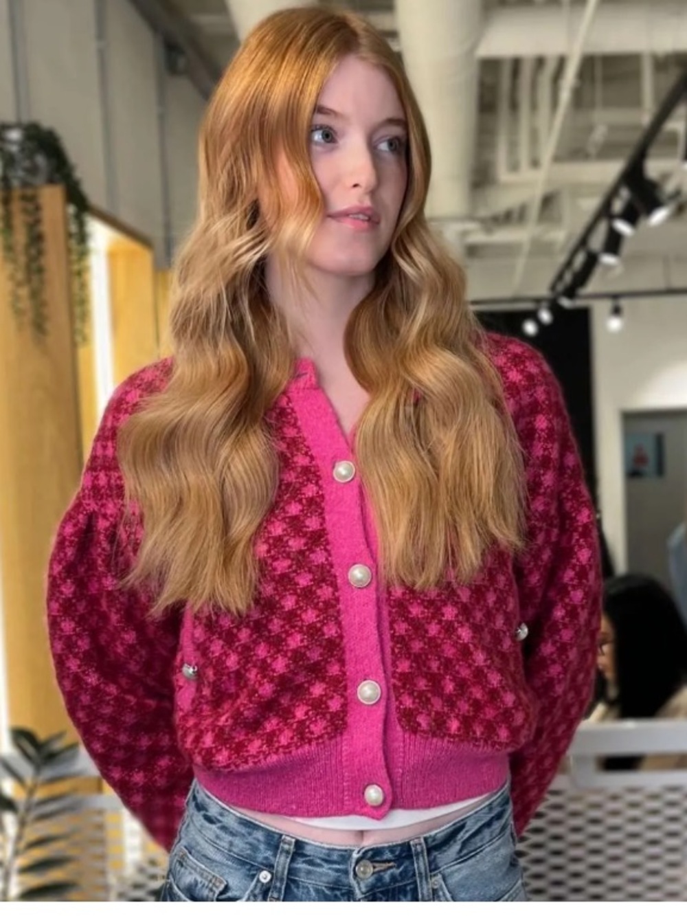 Aqua Chunky Knit Plaid Crewneck Button-Up Cardigan Sweater Preppy Red Pink Small